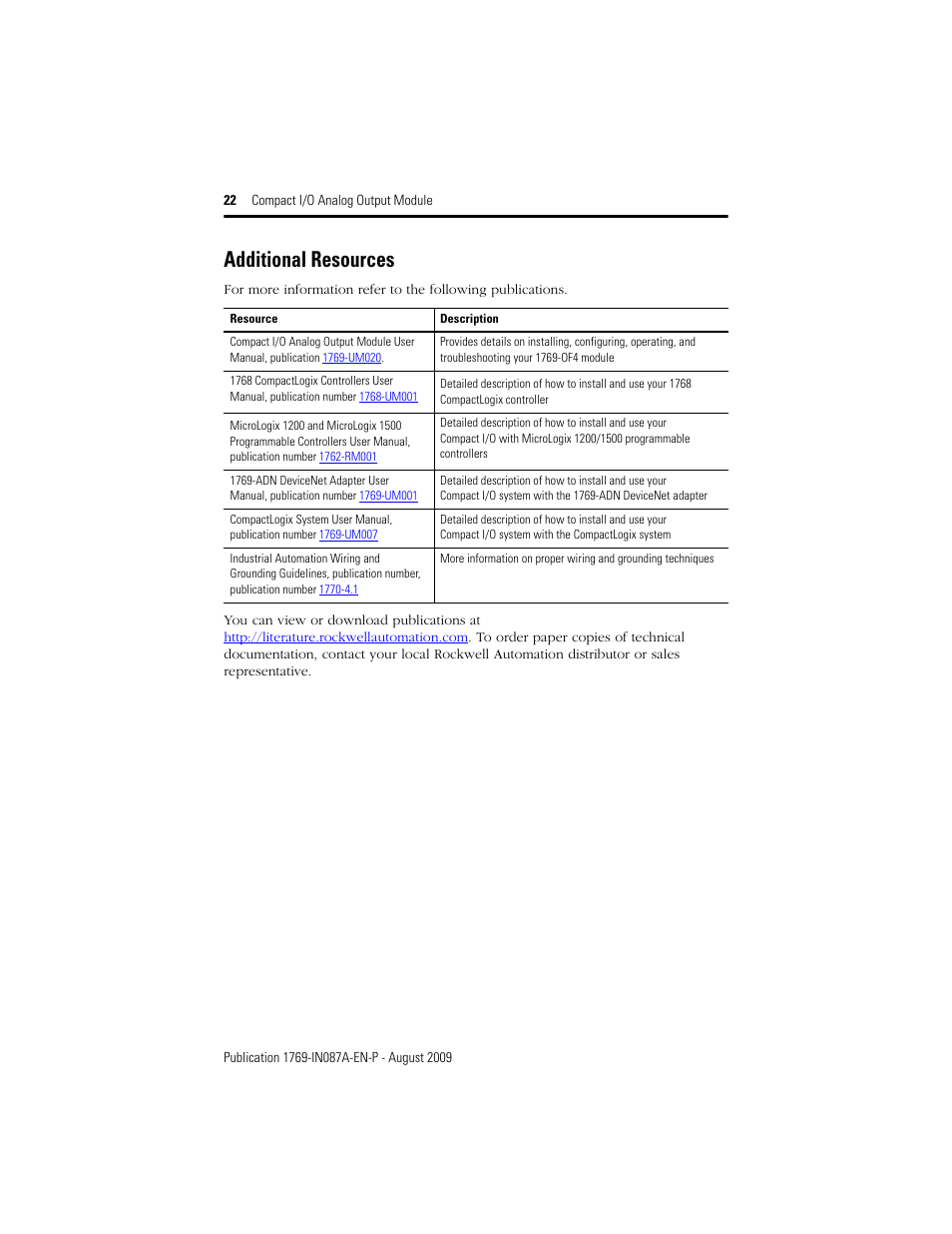 Additional resources | Rockwell Automation 1769-OF4 Compact I/O Analog Output Module User Manual | Page 22 / 24