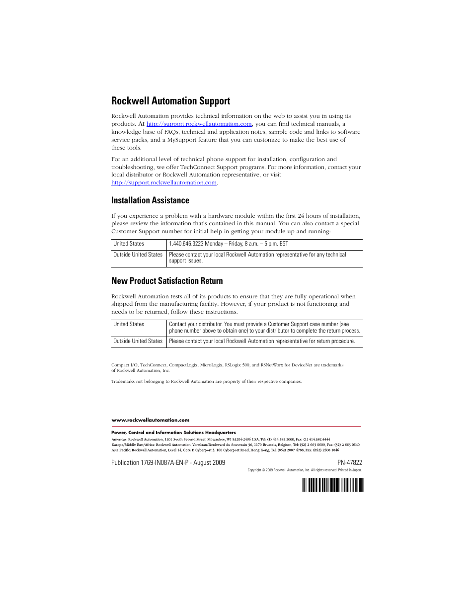 Back cover, Pn-4•n6f, Rockwell automation support | Installation assistance, New product satisfaction return | Rockwell Automation 1769-OF4 Compact I/O Analog Output Module User Manual | Page 24 / 24