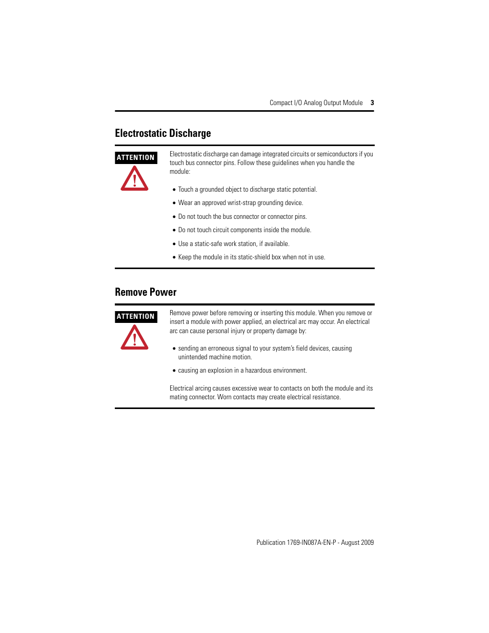 Electrostatic discharge, Remove power, Electrostatic discharge remove power | Rockwell Automation 1769-OF4 Compact I/O Analog Output Module User Manual | Page 3 / 24