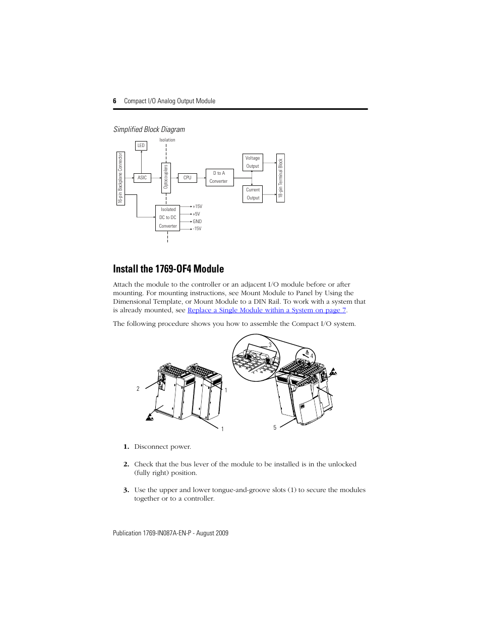 Install the 1769-of4 module, Simplified block diagram | Rockwell Automation 1769-OF4 Compact I/O Analog Output Module User Manual | Page 6 / 24