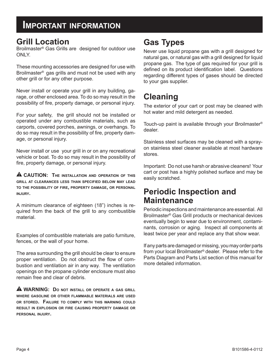 Grill location, Gas types, Cleaning | Periodic inspection and maintenance, Mportant, Information | Broilmaster PCB1-2 User Manual | Page 4 / 24