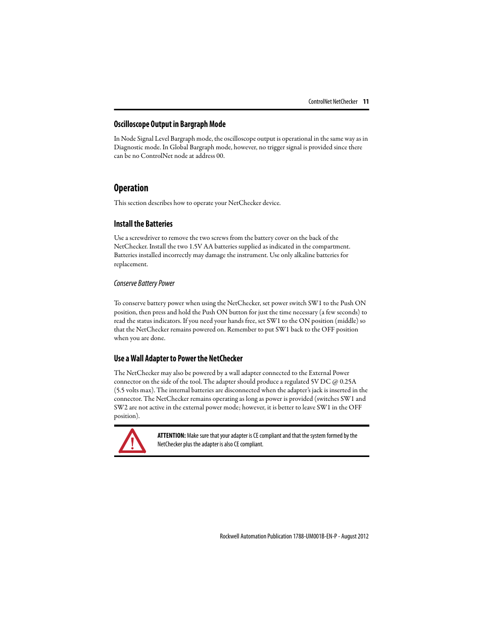 Oscilloscope output in bargraph mode, Operation, Install the batteries | Use a wall adapter to power the netchecker | Rockwell Automation 1788-CNCHKR ControlNet NetChecker User Manual User Manual | Page 11 / 24