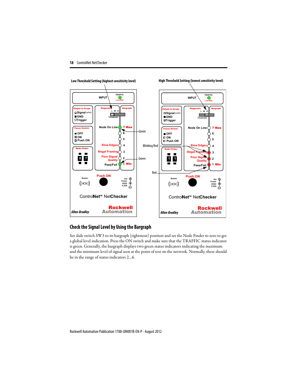 Check the signal level by using the bargraph, Rockwell automation, Control net | Net checker | Rockwell Automation 1788-CNCHKR ControlNet NetChecker User Manual User Manual | Page 18 / 24