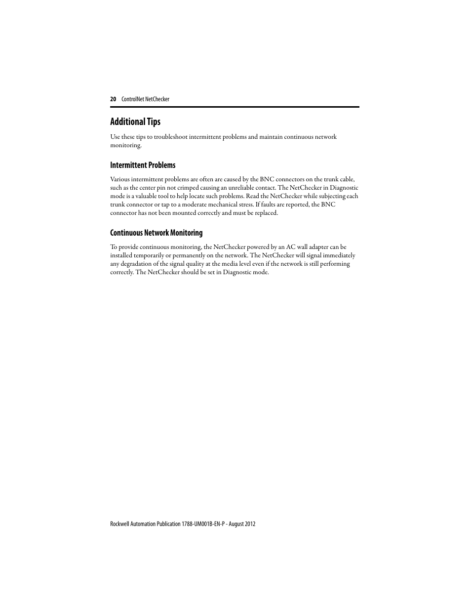 Additional tips, Intermittent problems, Continuous network monitoring | Rockwell Automation 1788-CNCHKR ControlNet NetChecker User Manual User Manual | Page 20 / 24