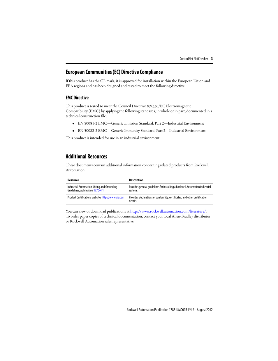 European communities (ec) directive compliance, Emc directive, Additional resources | Rockwell Automation 1788-CNCHKR ControlNet NetChecker User Manual User Manual | Page 3 / 24