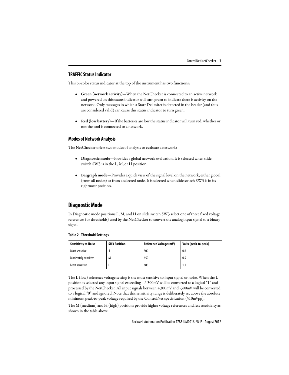 Traffic status indicator, Modes of network analysis, Diagnostic mode | Rockwell Automation 1788-CNCHKR ControlNet NetChecker User Manual User Manual | Page 7 / 24