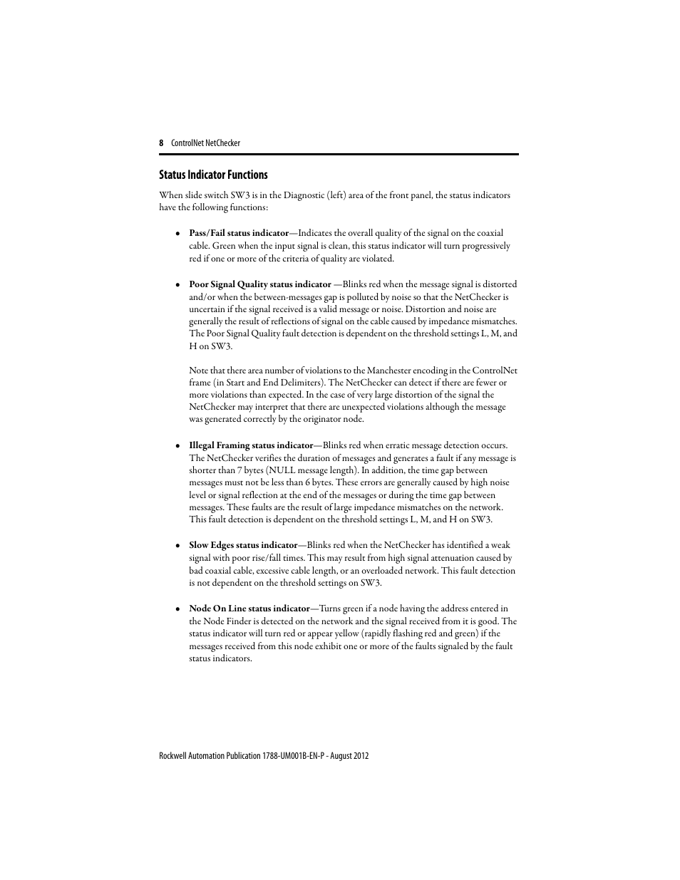 Status indicator functions | Rockwell Automation 1788-CNCHKR ControlNet NetChecker User Manual User Manual | Page 8 / 24