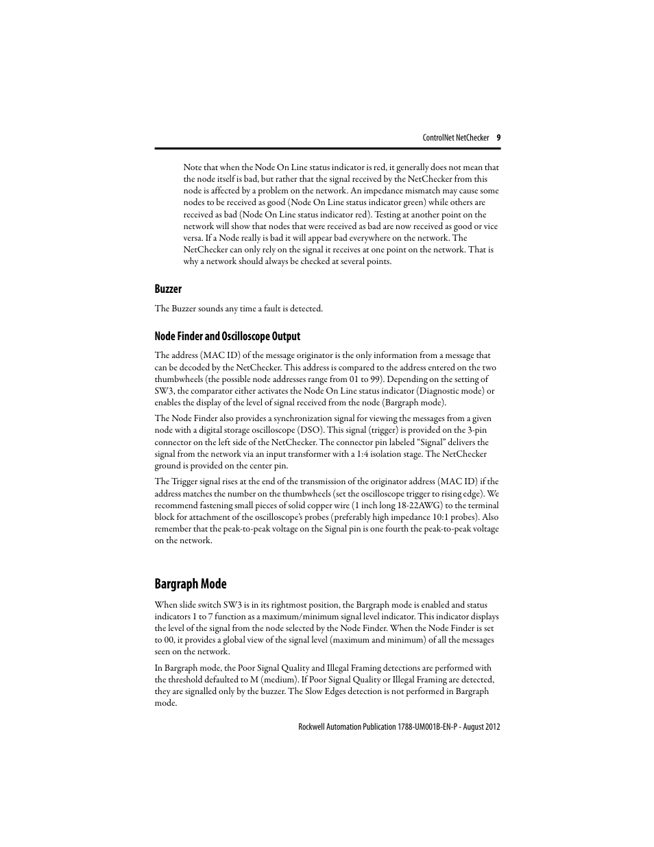 Buzzer, Node finder and oscilloscope output, Bargraph mode | Rockwell Automation 1788-CNCHKR ControlNet NetChecker User Manual User Manual | Page 9 / 24