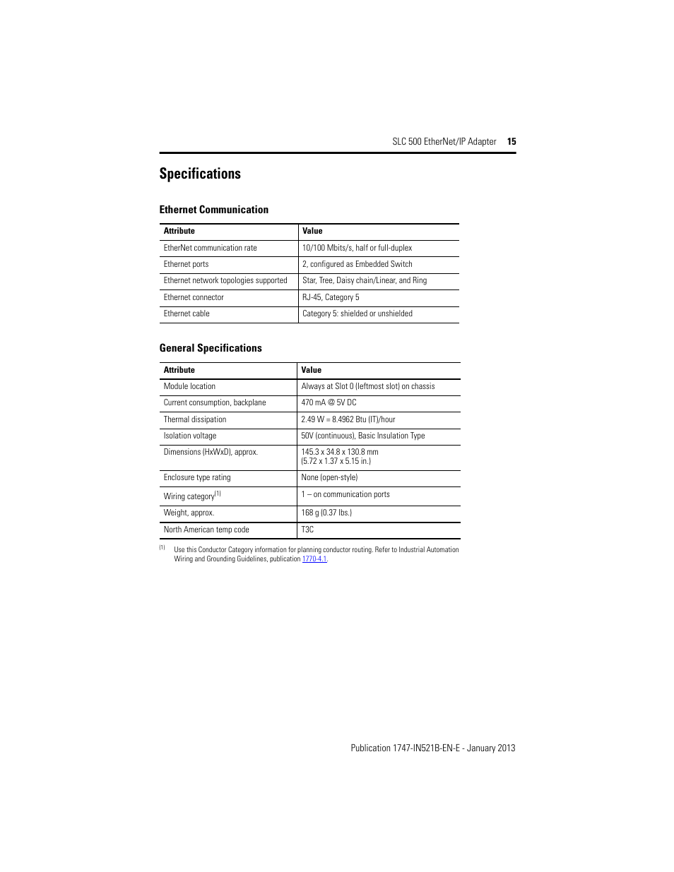 Specifications | Rockwell Automation 1747-AENTR SLC to EtherNet/IP Adapter Installation Instructions User Manual | Page 15 / 20