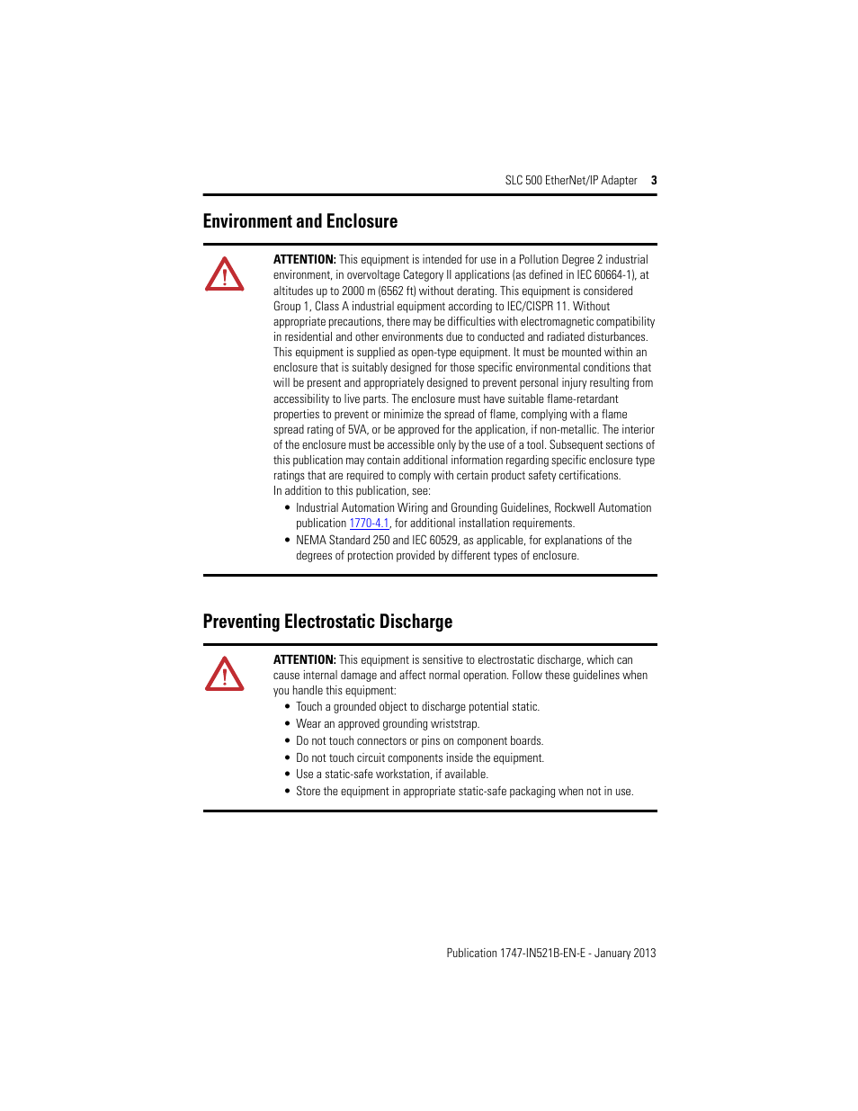 Environment and enclosure, Preventing electrostatic discharge | Rockwell Automation 1747-AENTR SLC to EtherNet/IP Adapter Installation Instructions User Manual | Page 3 / 20