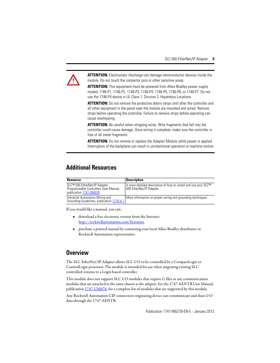 Additional resources, Overview | Rockwell Automation 1747-AENTR SLC to EtherNet/IP Adapter Installation Instructions User Manual | Page 5 / 20