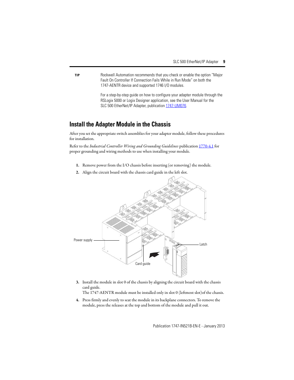 Install the adapter module in the chassis | Rockwell Automation 1747-AENTR SLC to EtherNet/IP Adapter Installation Instructions User Manual | Page 9 / 20