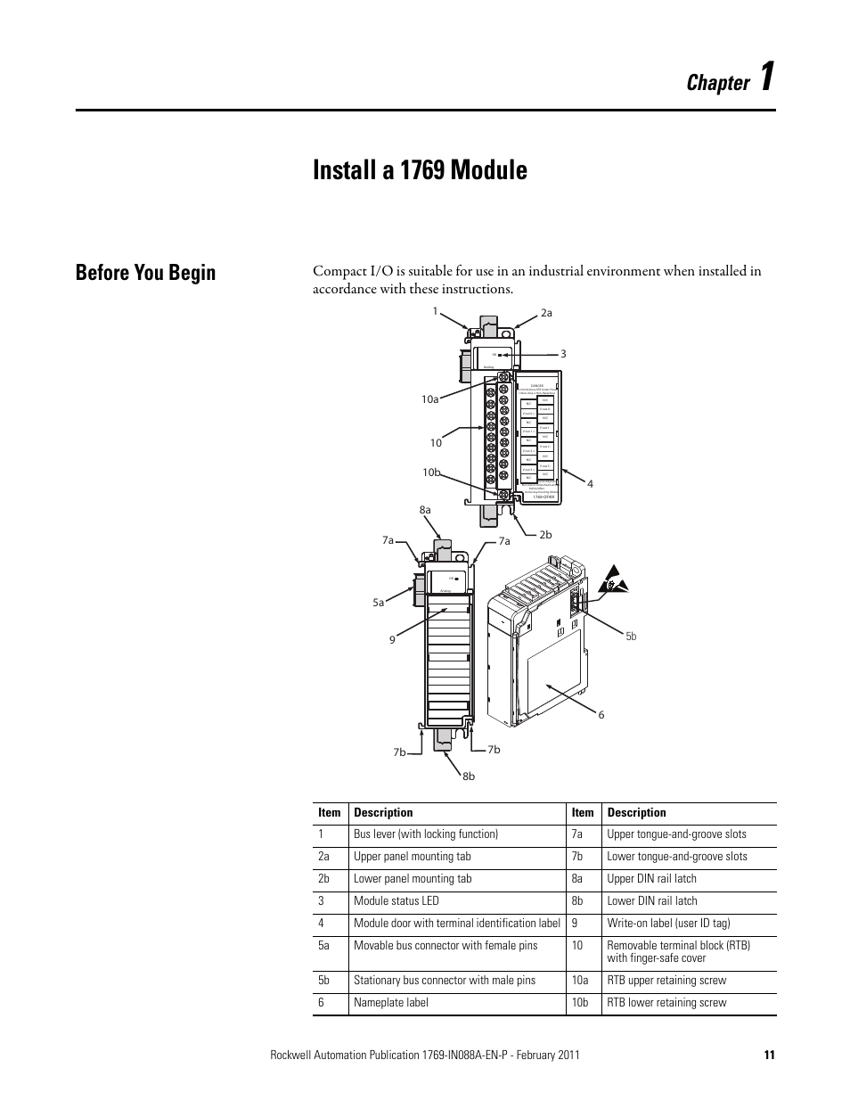 1 - install a 1769 module, Before you begin, Chapter 1 | Install a 1769 module, Chapter | Rockwell Automation 1769-XXXX Compact I/O Modules  User Manual | Page 11 / 202