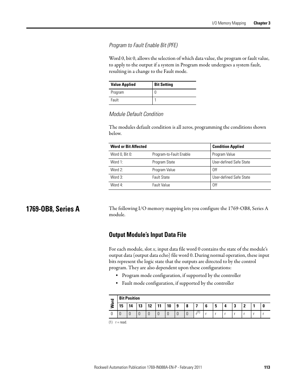 1769-ob8, series a, Output module’s input data file, Program to fault enable bit (pfe) | Module default condition | Rockwell Automation 1769-XXXX Compact I/O Modules  User Manual | Page 113 / 202