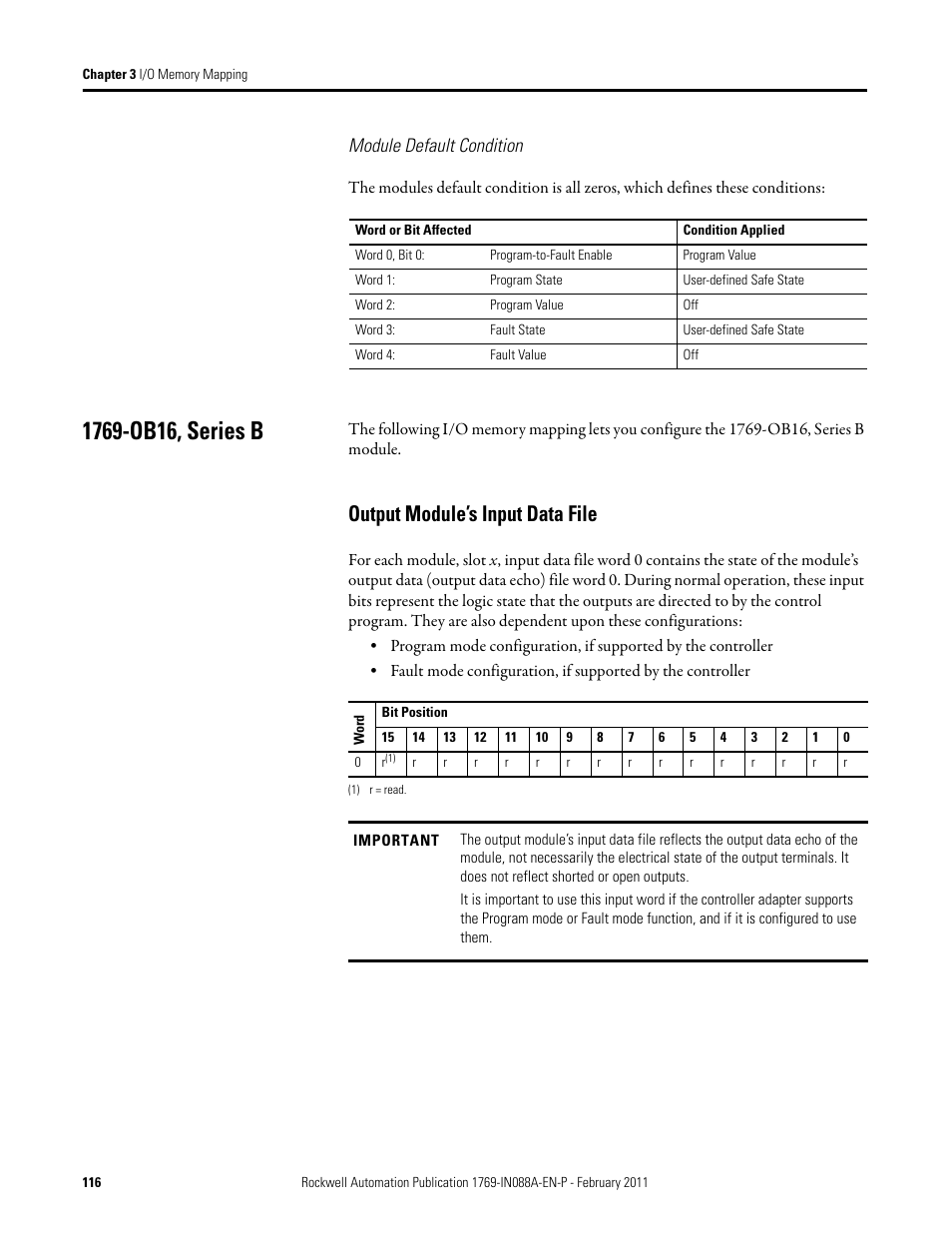 1769-ob16, series b, Output module’s input data file, Module default condition | Rockwell Automation 1769-XXXX Compact I/O Modules  User Manual | Page 116 / 202