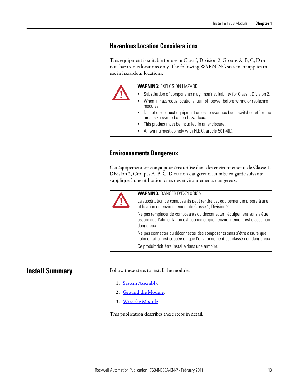 Hazardous location considerations, Environnements dangereux, Install summary | Rockwell Automation 1769-XXXX Compact I/O Modules  User Manual | Page 13 / 202