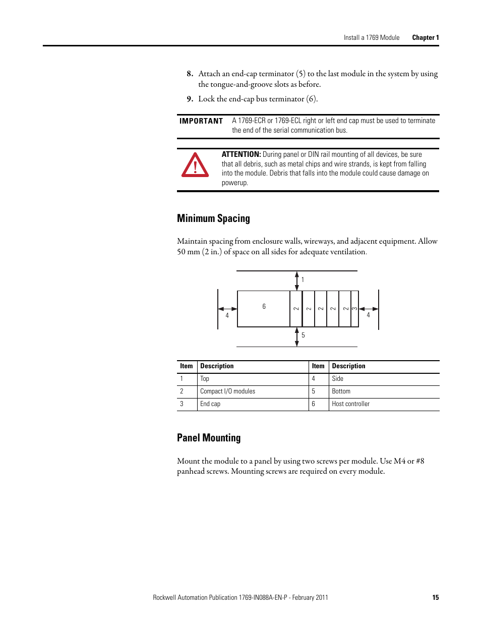 Minimum spacing, Panel mounting, Minimum spacing panel mounting | Rockwell Automation 1769-XXXX Compact I/O Modules  User Manual | Page 15 / 202