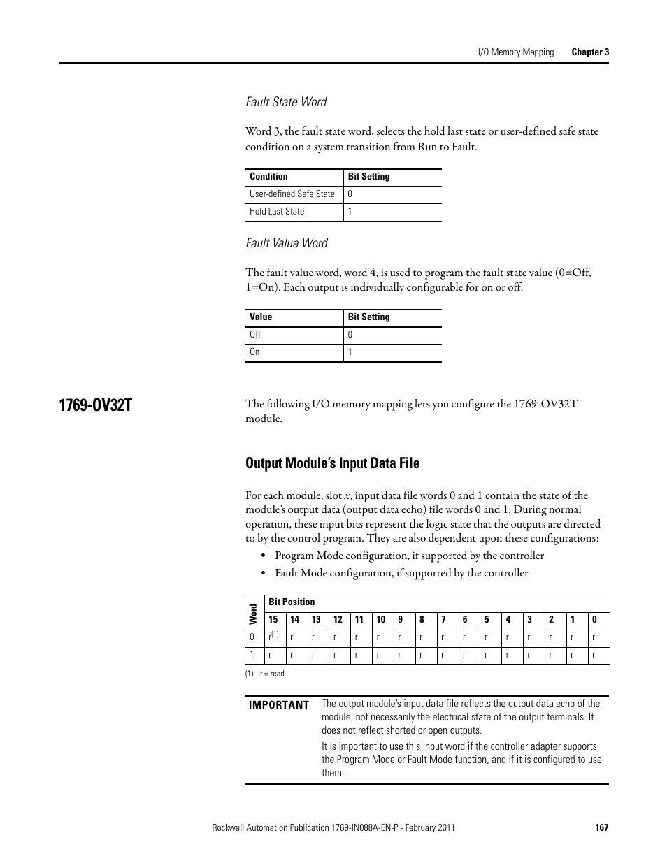 1769-ov32t, Output module’s input data file, Fault state word | Fault value word | Rockwell Automation 1769-XXXX Compact I/O Modules  User Manual | Page 167 / 202