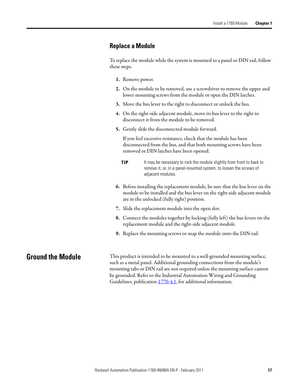 Replace a module, Ground the module, Replace a module on | Rockwell Automation 1769-XXXX Compact I/O Modules  User Manual | Page 17 / 202