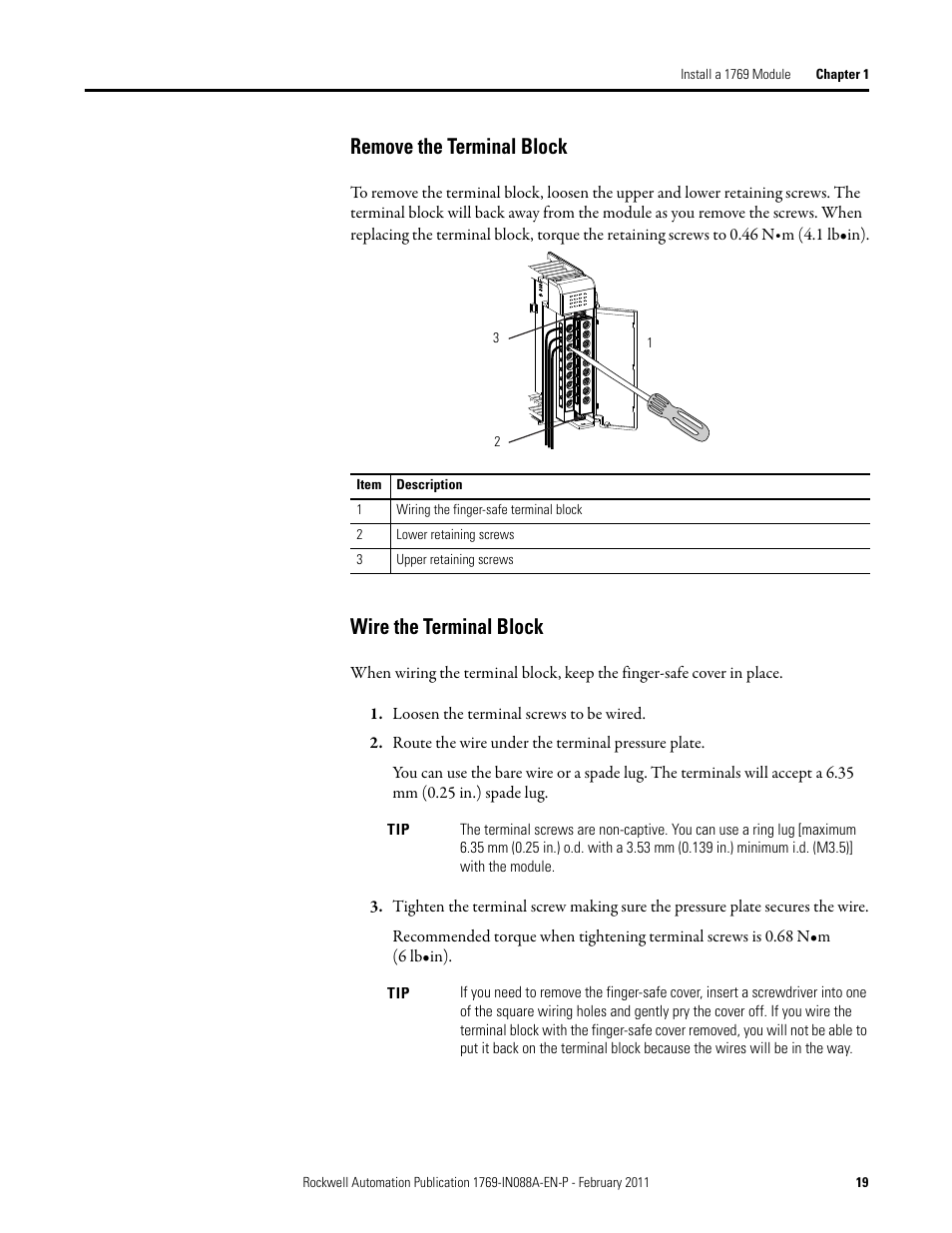 Remove the terminal block, Wire the terminal block, Remove the terminal block wire the terminal block | Rockwell Automation 1769-XXXX Compact I/O Modules  User Manual | Page 19 / 202