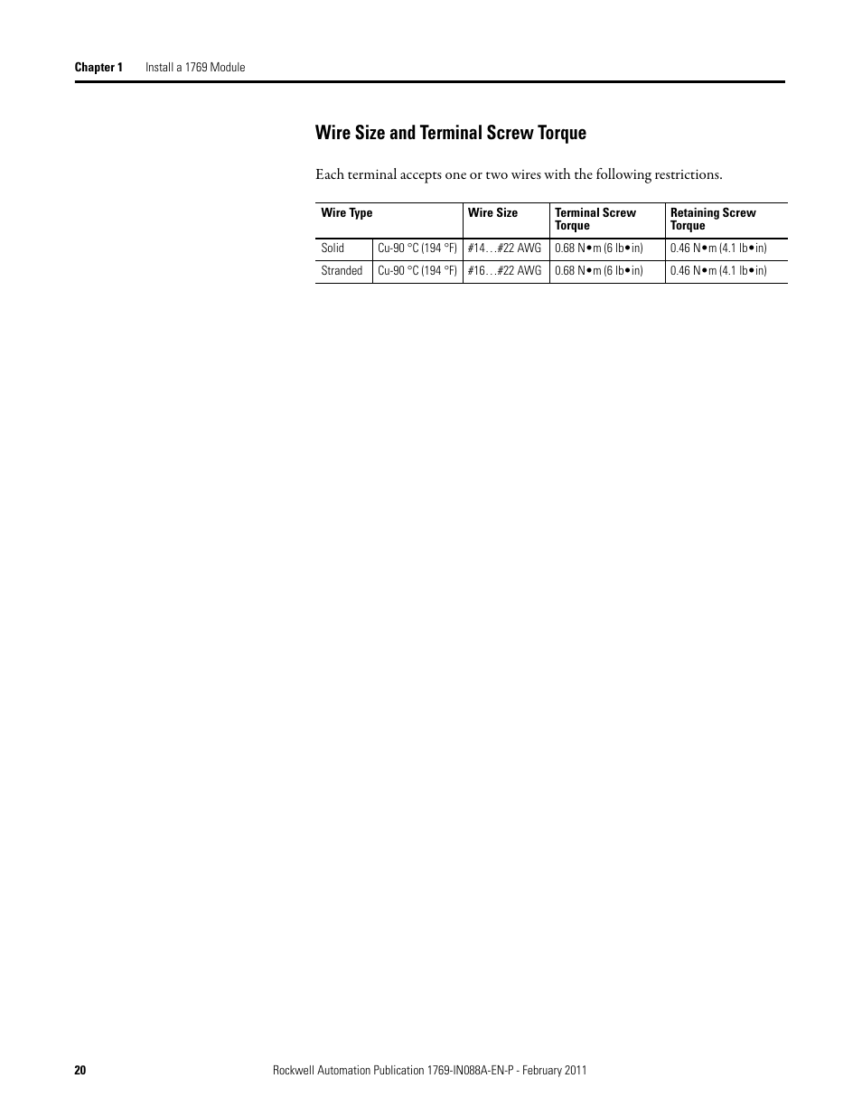 Wire size and terminal screw torque | Rockwell Automation 1769-XXXX Compact I/O Modules  User Manual | Page 20 / 202