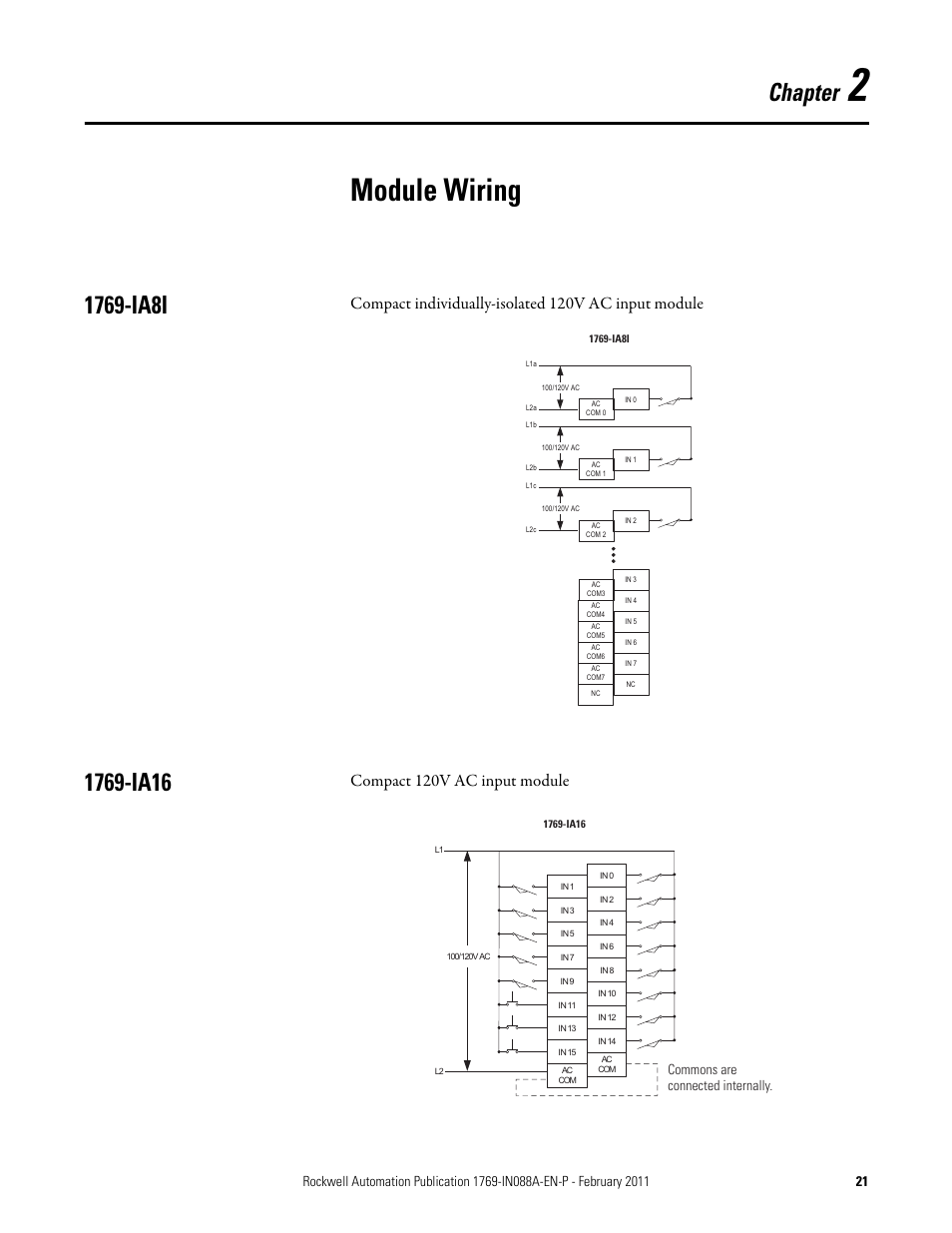 2 - module wiring, 1769-ia8i, 1769-ia16 | Chapter 2, Module wiring, 1769-ia8i 1769-ia16, Chapter, Compact individually-isolated 120v ac input module, Compact 120v ac input module, Commons are connected internally | Rockwell Automation 1769-XXXX Compact I/O Modules  User Manual | Page 21 / 202