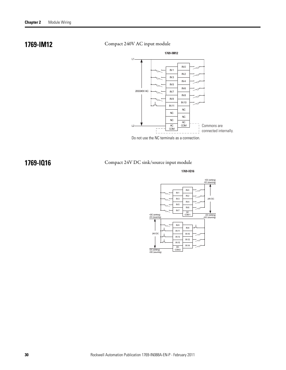 1769-im12, 1769-iq16, 1769-im12 1769-iq16 | Compact 240v ac input module, Compact 24v dc sink/source input module, Commons are connected internally, Do not use the nc terminals as a connection | Rockwell Automation 1769-XXXX Compact I/O Modules  User Manual | Page 30 / 202