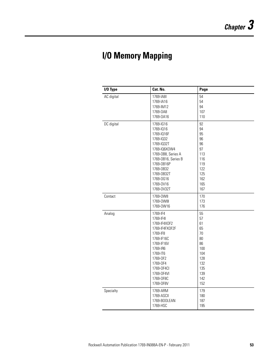 3 - i/o memory mapping, Chapter 3, I/o memory mapping | Chapter | Rockwell Automation 1769-XXXX Compact I/O Modules  User Manual | Page 53 / 202