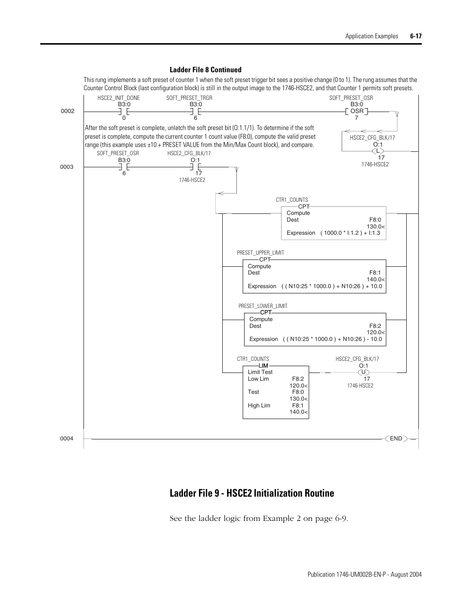 Ladder file 9 - hsce2 initialization routine -17, Ladder file 9 - hsce2 initialization routine, See the ladder logic from example 2 on page 6-9 | Rockwell Automation 1746-HSCE2 Multi-Channel High Speed Counter Module User Manual | Page 109 / 140