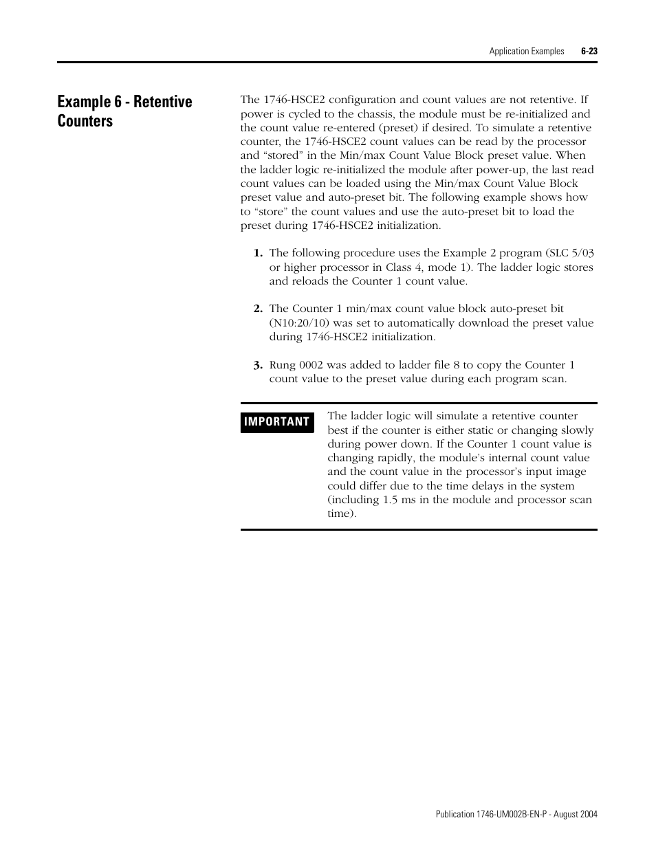 Example 6 - retentive counters, Example 6 - retentive counters -23 | Rockwell Automation 1746-HSCE2 Multi-Channel High Speed Counter Module User Manual | Page 115 / 140