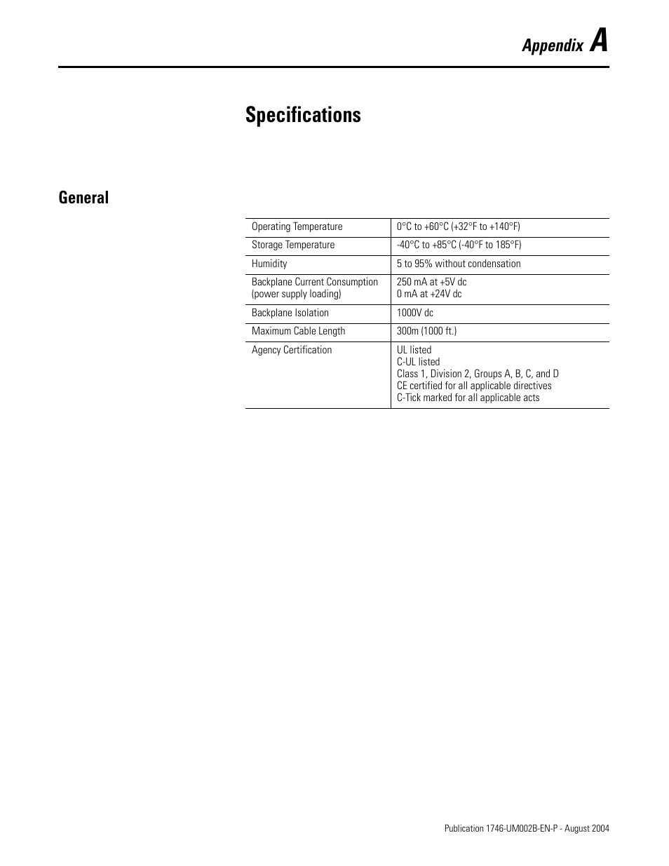 A - specifications, General, Appendix a | Specifications, Appendix | Rockwell Automation 1746-HSCE2 Multi-Channel High Speed Counter Module User Manual | Page 119 / 140