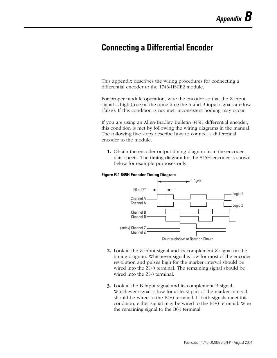 B - connecting a differential encoder, Appendix b, Connecting a differential encoder | Appendix | Rockwell Automation 1746-HSCE2 Multi-Channel High Speed Counter Module User Manual | Page 123 / 140