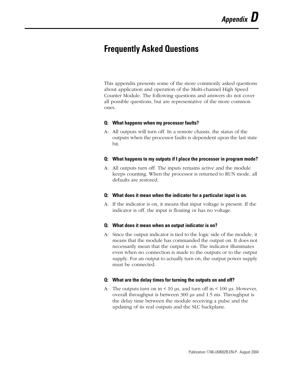 D - frequently asked questions, Appendix d, Frequently asked questions | Appendix | Rockwell Automation 1746-HSCE2 Multi-Channel High Speed Counter Module User Manual | Page 129 / 140