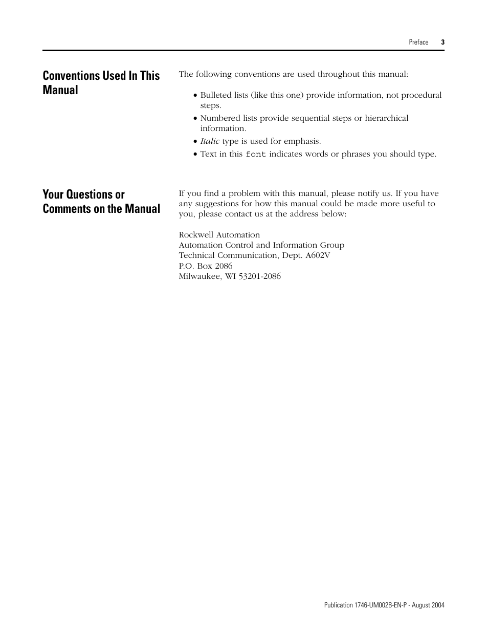 Conventions used in this manual, Your questions or comments on the manual | Rockwell Automation 1746-HSCE2 Multi-Channel High Speed Counter Module User Manual | Page 13 / 140