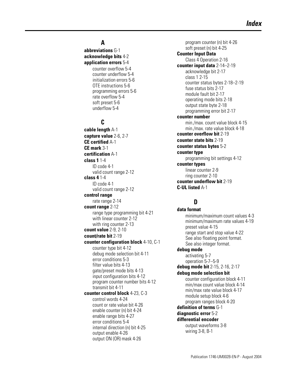 Index | Rockwell Automation 1746-HSCE2 Multi-Channel High Speed Counter Module User Manual | Page 135 / 140