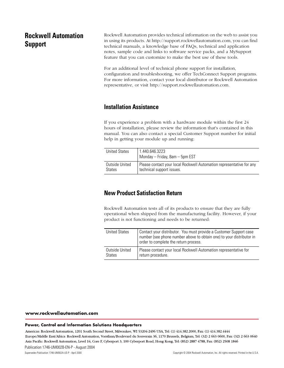 Back cover, Rockwell automation support, Installation assistance | New product satisfaction return | Rockwell Automation 1746-HSCE2 Multi-Channel High Speed Counter Module User Manual | Page 140 / 140