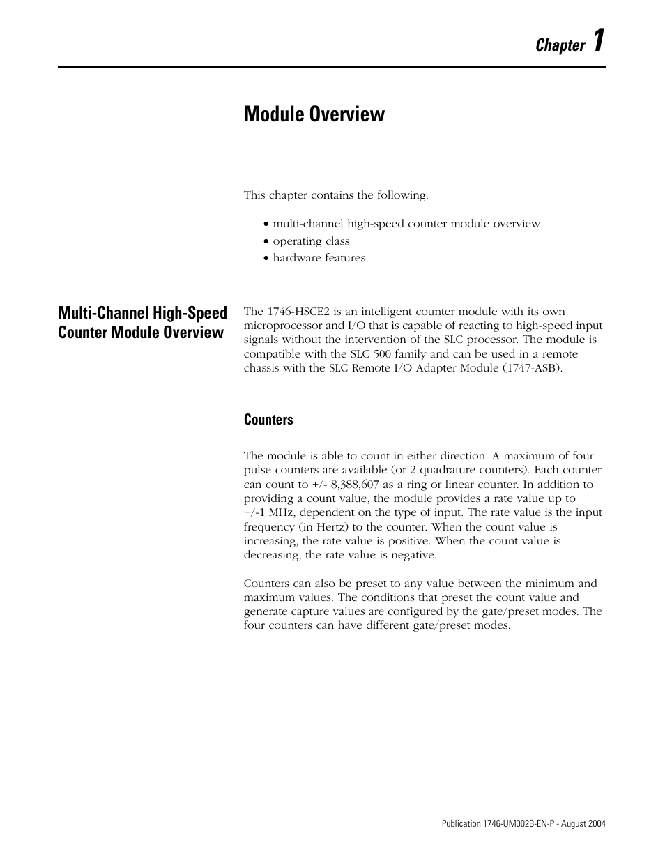 1 - module overview, Multi-channel high-speed counter module overview, Chapter 1 | Module overview, Counters | Rockwell Automation 1746-HSCE2 Multi-Channel High Speed Counter Module User Manual | Page 15 / 140