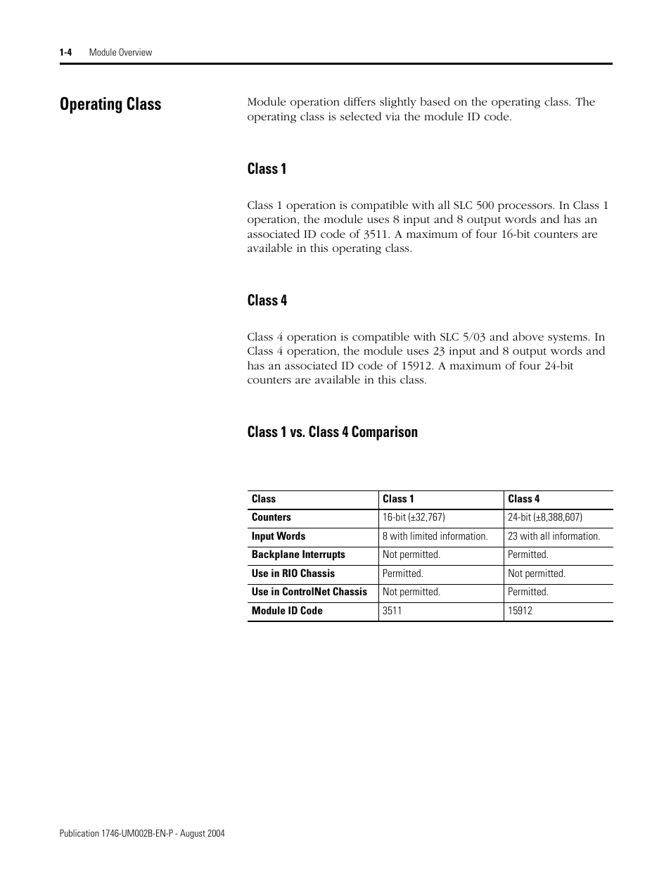 Operating class, Operating class -4, Class 1 | Class 4, Class 1 vs. class 4 comparison | Rockwell Automation 1746-HSCE2 Multi-Channel High Speed Counter Module User Manual | Page 18 / 140