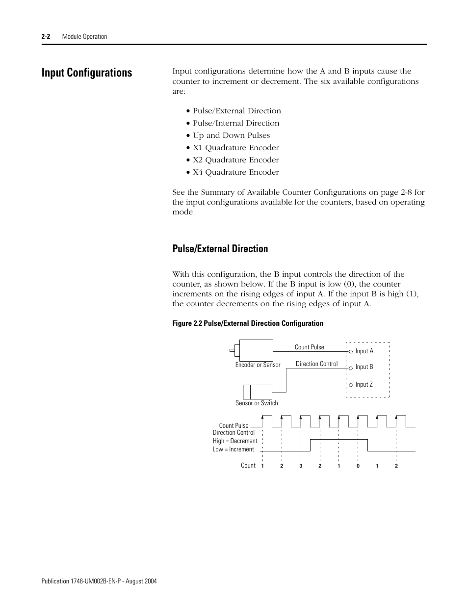 Input configurations, Input configurations -2, Pulse/external direction -2 | Pulse/external direction | Rockwell Automation 1746-HSCE2 Multi-Channel High Speed Counter Module User Manual | Page 22 / 140