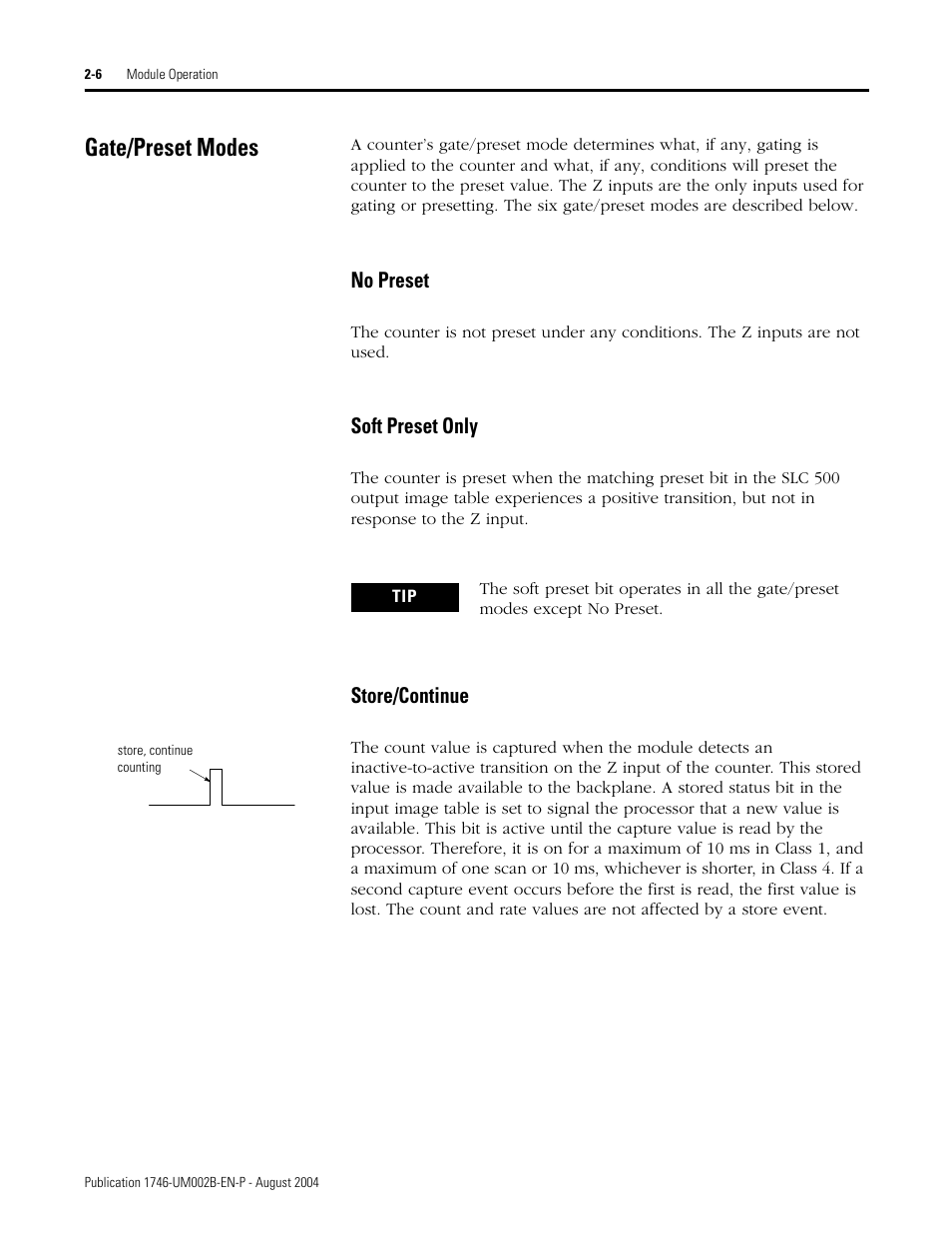 Gate/preset modes, Gate/preset modes -6, No preset -6 soft preset only -6 store/continue -6 | Rockwell Automation 1746-HSCE2 Multi-Channel High Speed Counter Module User Manual | Page 26 / 140