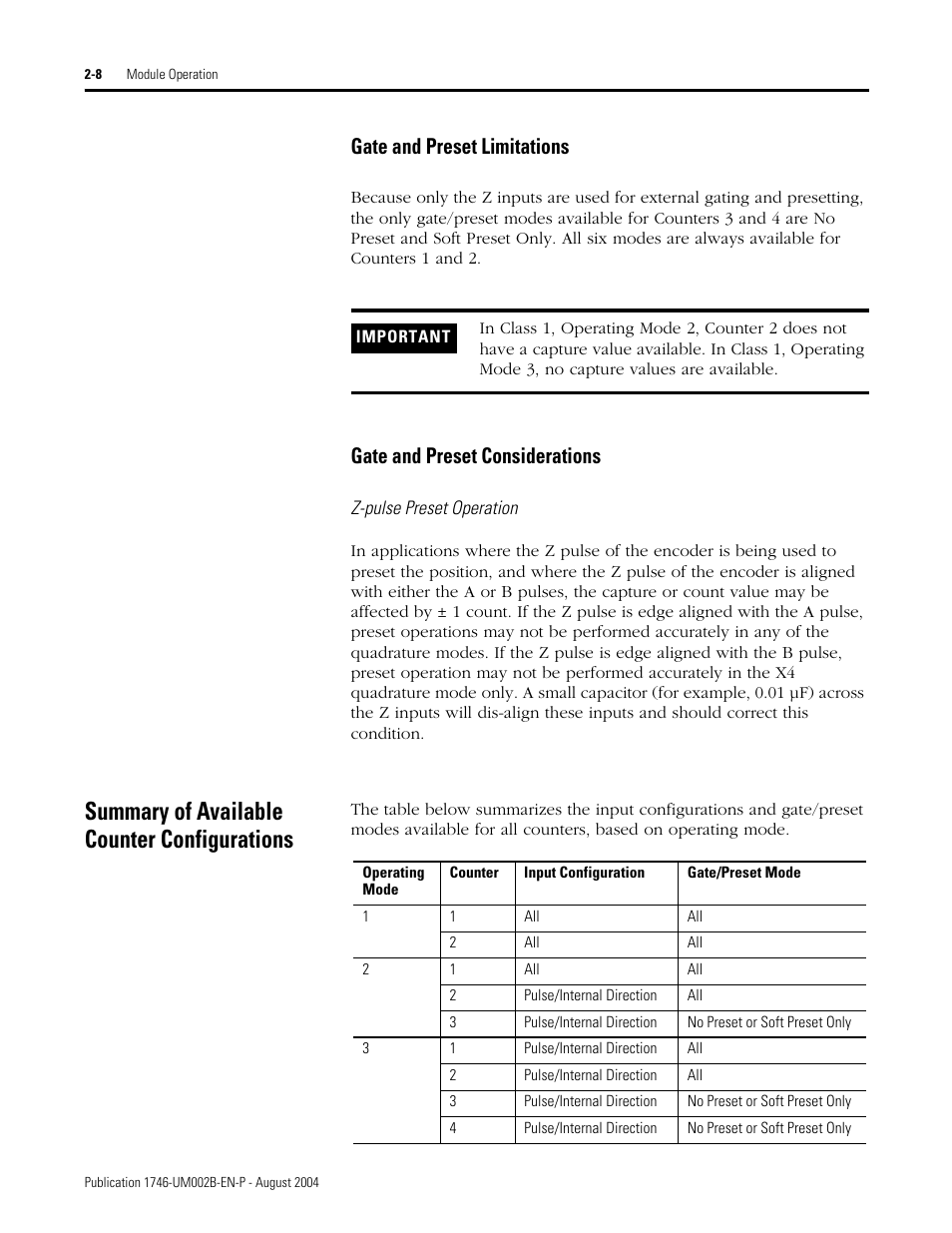 Summary of available counter configurations, Summary of available counter configurations -8, Gate and preset limitations | Gate and preset considerations | Rockwell Automation 1746-HSCE2 Multi-Channel High Speed Counter Module User Manual | Page 28 / 140