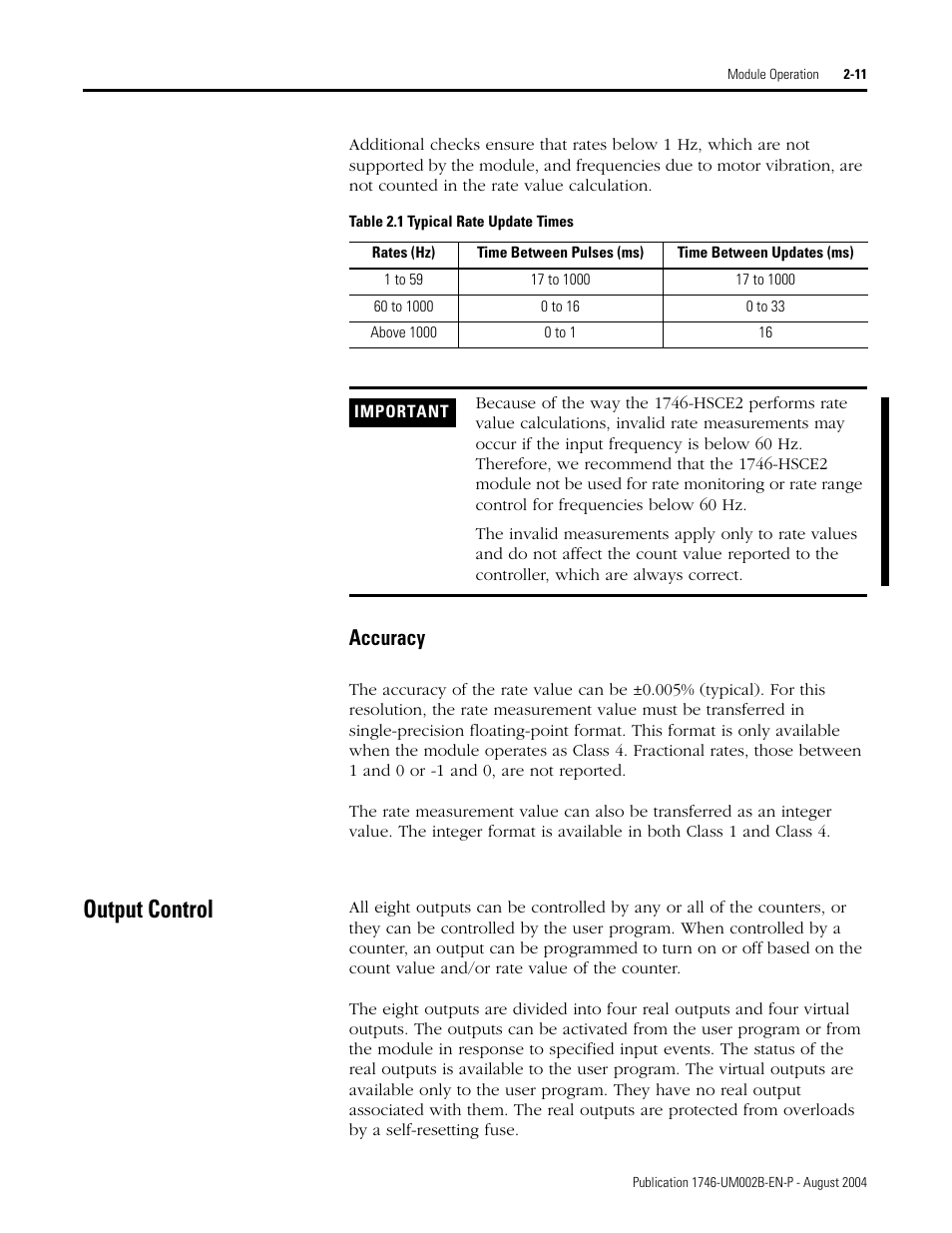 Output control, Accuracy -11, Output control -11 | Accuracy | Rockwell Automation 1746-HSCE2 Multi-Channel High Speed Counter Module User Manual | Page 31 / 140