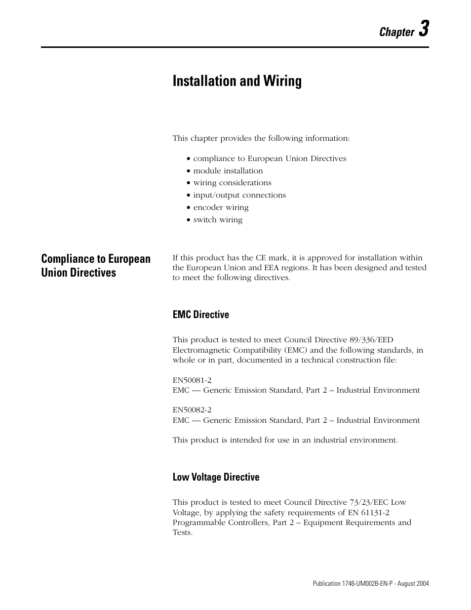 3 - installation and wiring, Compliance to european union directives, Chapter 3 | Installation and wiring, Compliance to european union directives -1, Emc directive -1 low voltage directive -1 | Rockwell Automation 1746-HSCE2 Multi-Channel High Speed Counter Module User Manual | Page 41 / 140