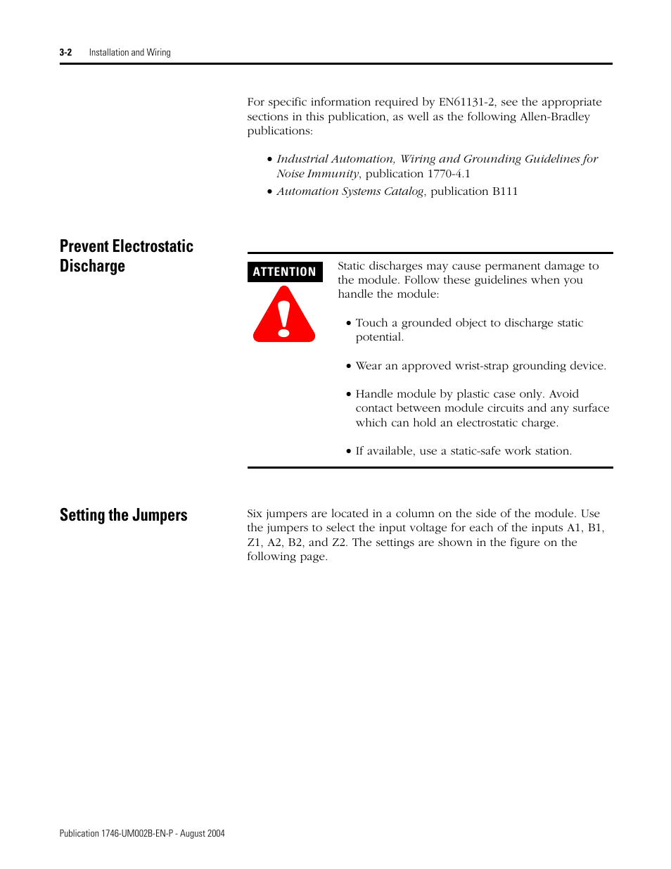 Prevent electrostatic discharge, Setting the jumpers | Rockwell Automation 1746-HSCE2 Multi-Channel High Speed Counter Module User Manual | Page 42 / 140