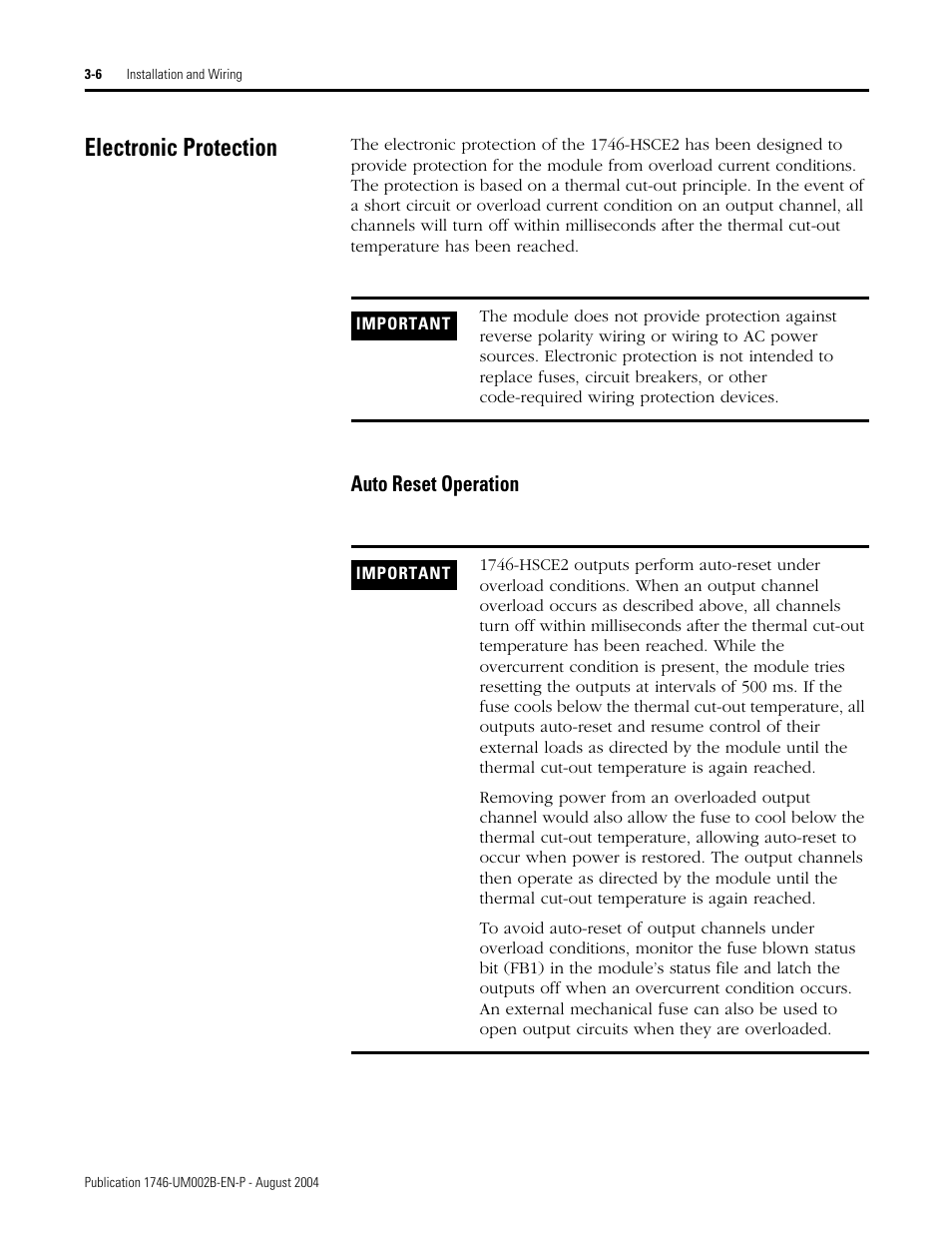 Electronic protection, Electronic protection -6, Auto reset operation -6 | Auto reset operation | Rockwell Automation 1746-HSCE2 Multi-Channel High Speed Counter Module User Manual | Page 46 / 140