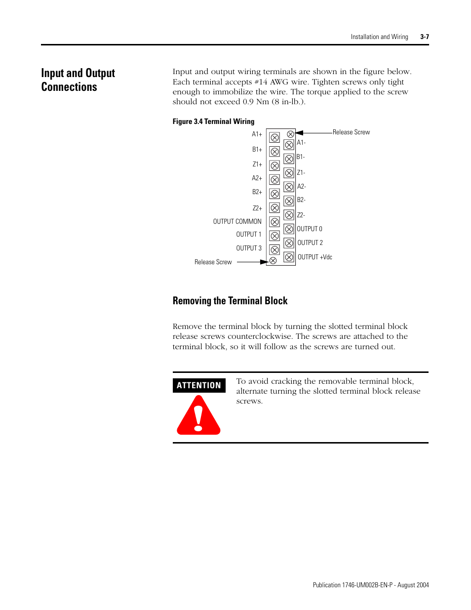 Input and output connections, Input and output connections -7, Removing the terminal block -7 | Removing the terminal block | Rockwell Automation 1746-HSCE2 Multi-Channel High Speed Counter Module User Manual | Page 47 / 140