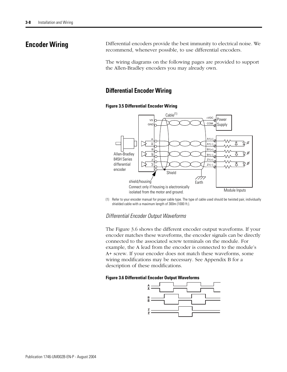 Encoder wiring, Encoder wiring -8, Differential encoder wiring -8 | Differential encoder wiring, Differential encoder output waveforms | Rockwell Automation 1746-HSCE2 Multi-Channel High Speed Counter Module User Manual | Page 48 / 140