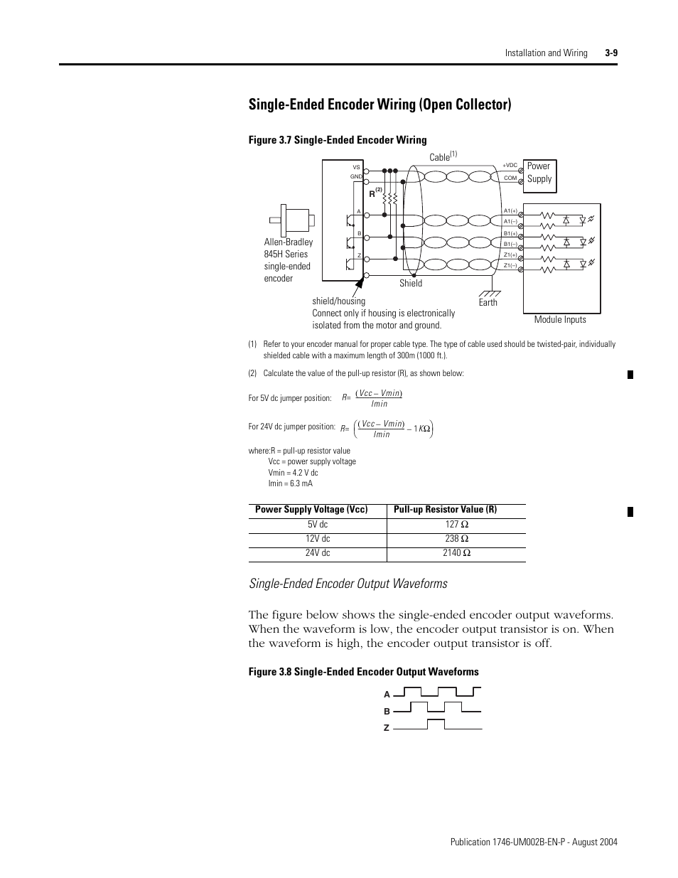 Single-ended encoder wiring (open collector) -9, 9 and 3-10, Single-ended encoder wiring (open collector) | Single-ended encoder output waveforms | Rockwell Automation 1746-HSCE2 Multi-Channel High Speed Counter Module User Manual | Page 49 / 140