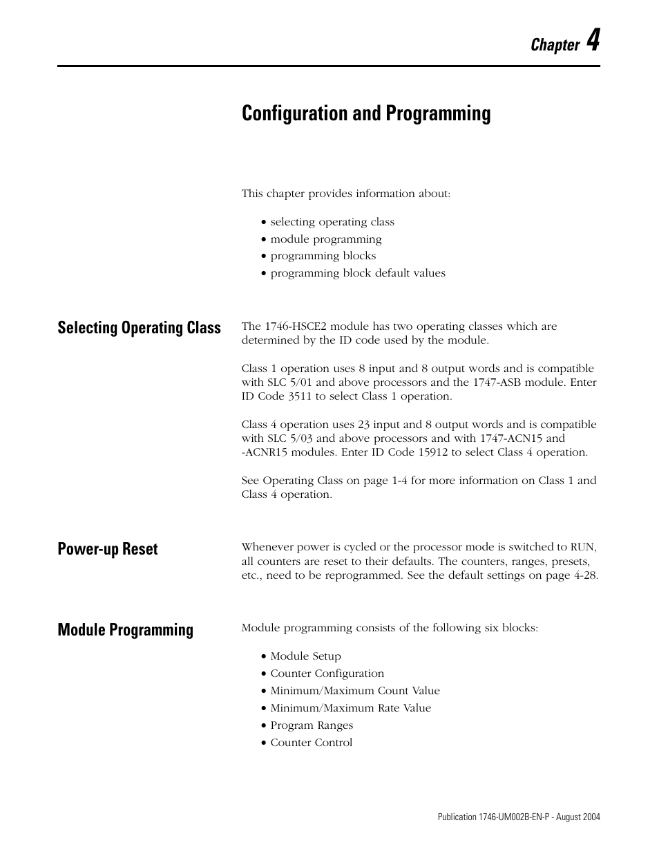 4 - configuration and programming, Selecting operating class, Power-up reset | Module programming, Chapter 4, Configuration and programming | Rockwell Automation 1746-HSCE2 Multi-Channel High Speed Counter Module User Manual | Page 51 / 140