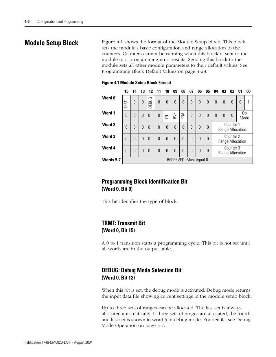 Module setup block, Module setup block -6, S 4-6 | Programming block identification bit, Trmt: transmit bit, Debug: debug mode selection bit | Rockwell Automation 1746-HSCE2 Multi-Channel High Speed Counter Module User Manual | Page 56 / 140